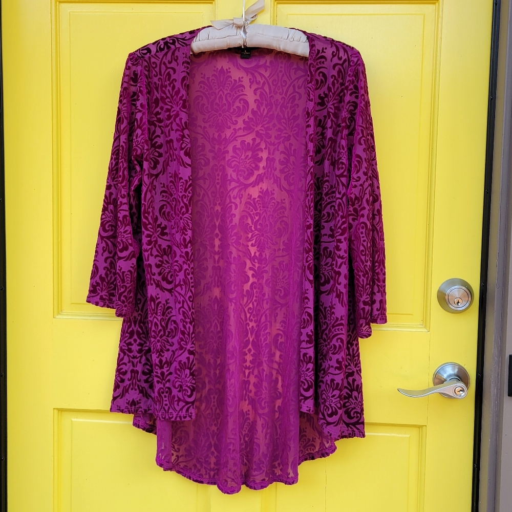 Espresso Fuchsia Burnout Velvet Open Front Cardigan Size S